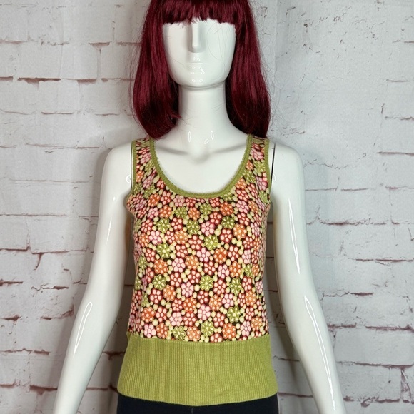 SIGRID OLSEN XS Silk Knit Moss Green Orange Pink Floral Sleeveless Sweater Vest - Picture 10 of 13